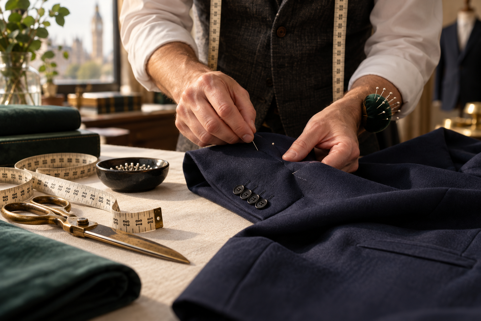 Detailed jacket sleeve alteration in progress
