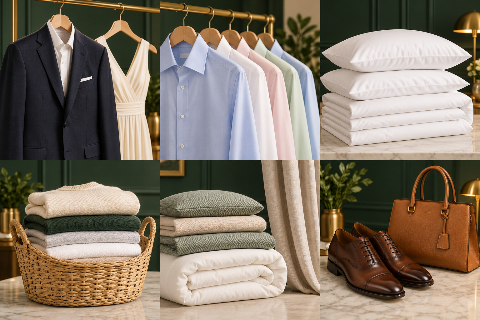Dry cleaning, shirts, bedding, laundry, household textiles, shoes and bags